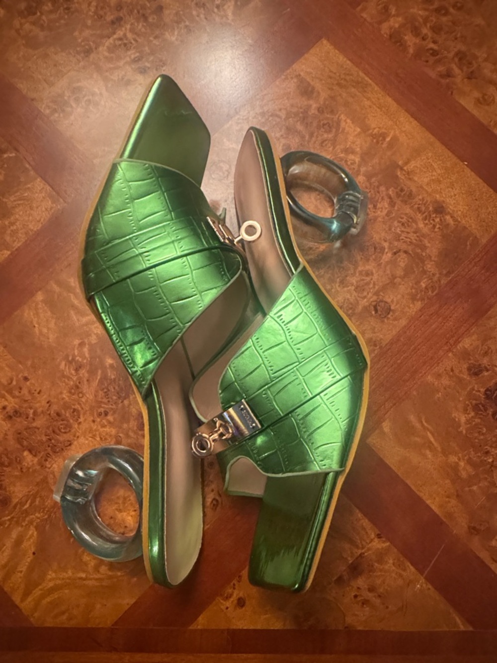 Green Metallic Slide Mules with GOLD Buckle - Picture 4 of 5